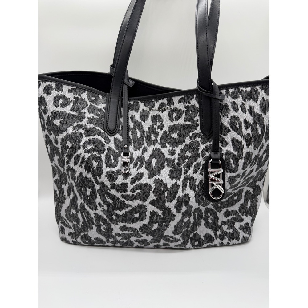 Michael Kors Grey Black Leopard Print Jacquard Tote Bag Silver Tone Hardware